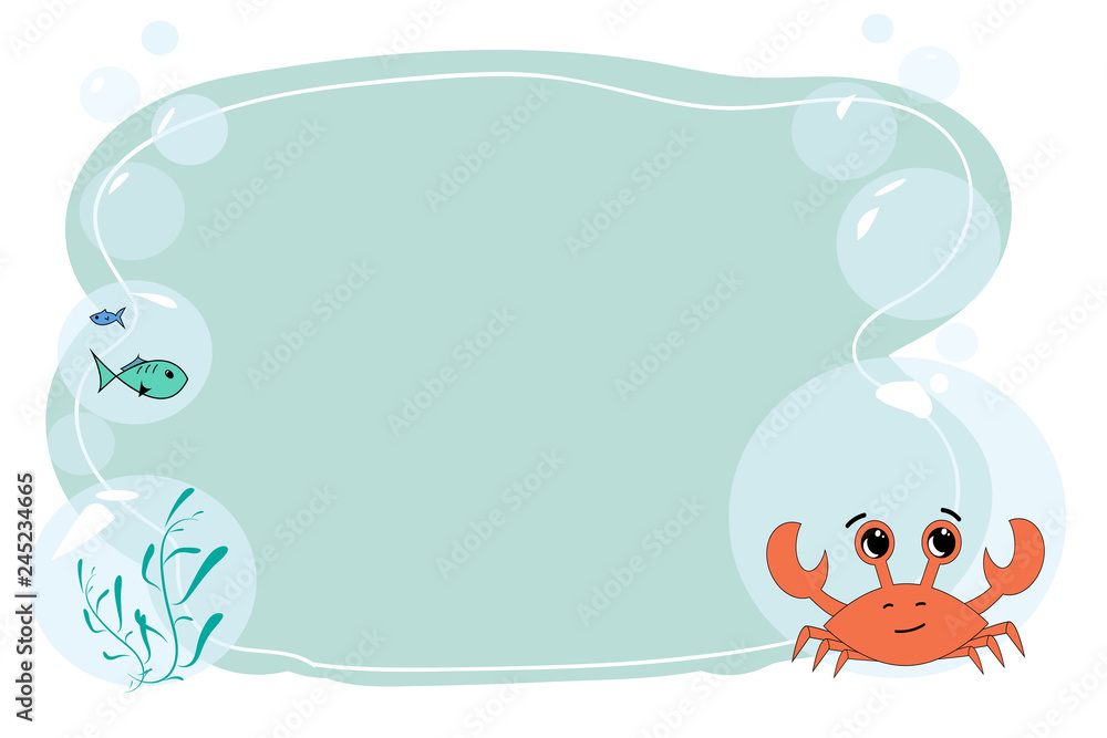 Form for text and notes with a cartoon crab and fish. Vector blank for a banner on the marine theme. Form for notes with crab and fish. Vector baby frame for your text. School frame for text.