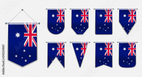 Set of hanging flags of the AUSTRALIA with textile texture.Diversity vertical isolated 3D shapes of the national flag of country.Vertical Template pennant for background, banner, web, award, festival.