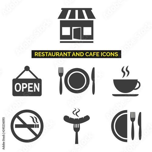 Restaurant and cafe icons set on white background.