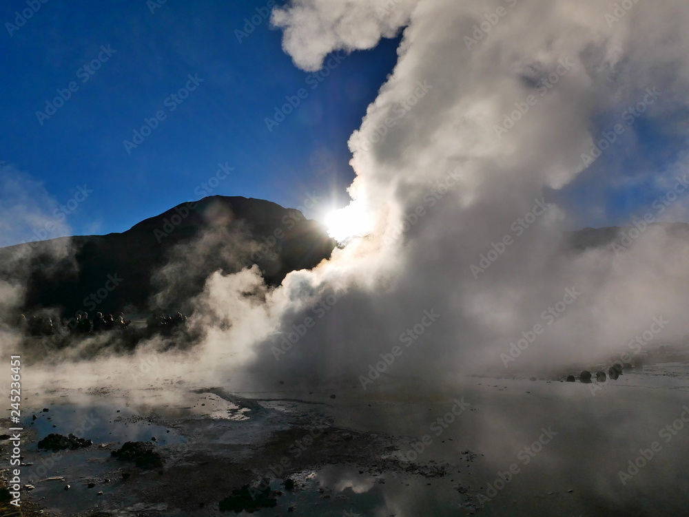 Sunrise on th El Tatio Geysers geothermal field, Chile