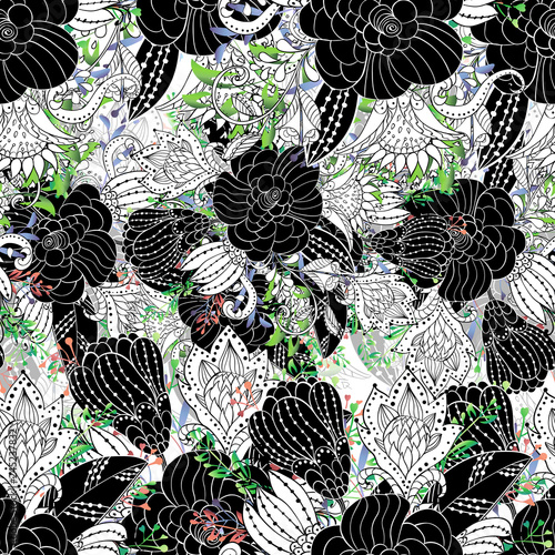 Abstract flower hand drawn white and black ornament.