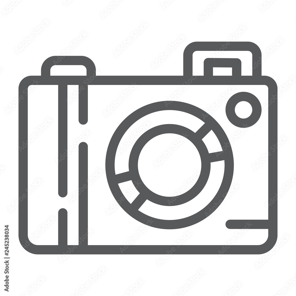 Camera line icon, lens and photo, photocamera sign, vector graphics, a linear pattern on a white background. Camera line icon, lens and photo, photocamera sign, vector graphics, a linear pattern on a white background.