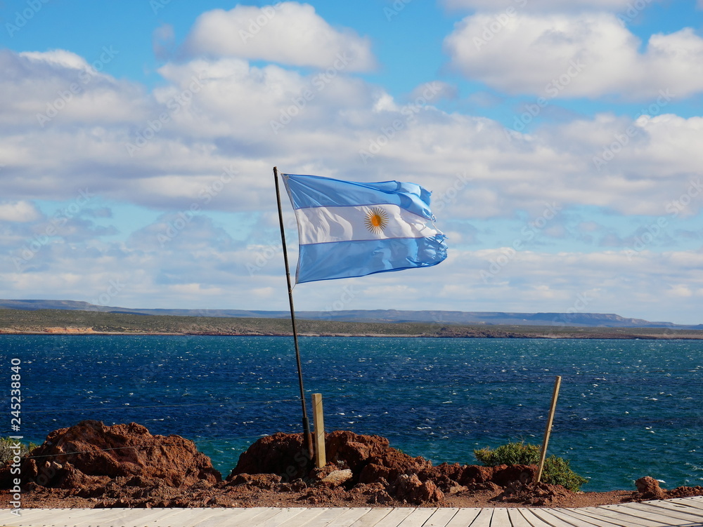 Argentina flag in the strong Patagonian wind