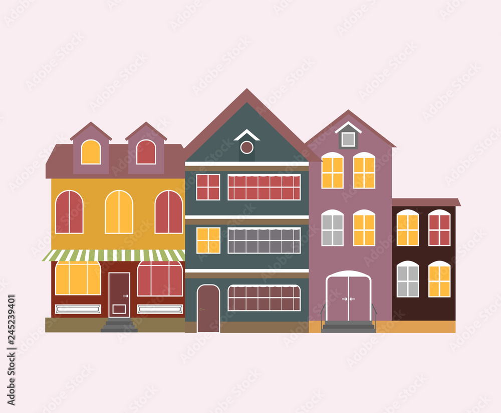 Buildings and modern city houses flat design of retro and modern city houses. Old buildings, skyscrapers. colorful cottage building, cafe house. White background. Vector illustration.