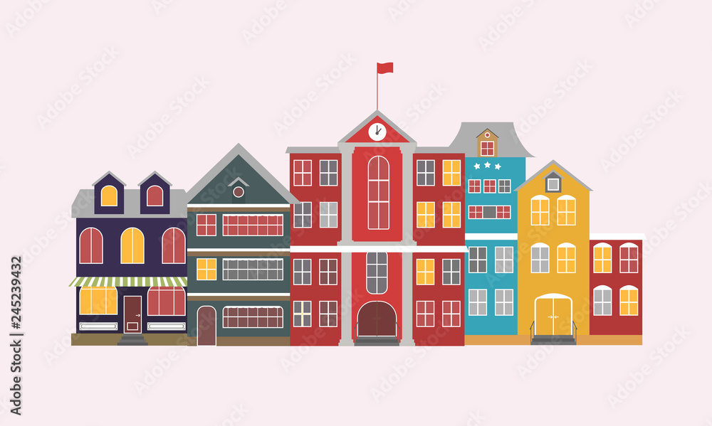 Buildings and modern city houses flat design of retro and modern city houses. Old buildings, skyscrapers. colorful cottage building, cafe house. White background. Vector illustration.