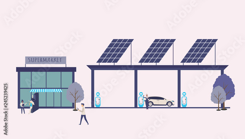 Electric cars charging at the charger station in front of the solar panels with people and supermarket and electronic cigarettes. White background. Green power. Vector illustration. 