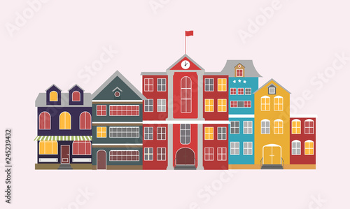 Buildings and modern city houses flat design of retro and modern city houses. Old buildings, skyscrapers. colorful cottage building, cafe house. White background. Vector illustration.