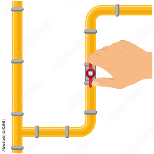 Opening or closing the gas pipeline gate, pipeline with valve and manometer. Arm opens or closes pipeline valve, gas pipe shut off. Vector illustration.