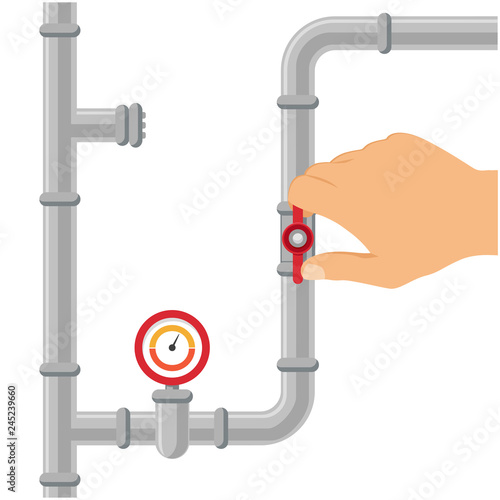 Opening or closing the gas pipeline gate, pipeline with valve and manometer. Arm opens or closes pipeline valve, gas pipe shut off. Vector illustration.
