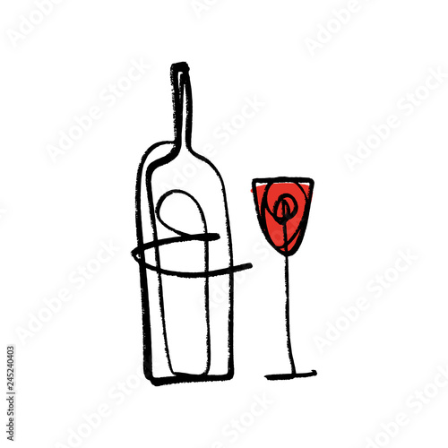 One line art glass and bottle of red wine set, hand drawn