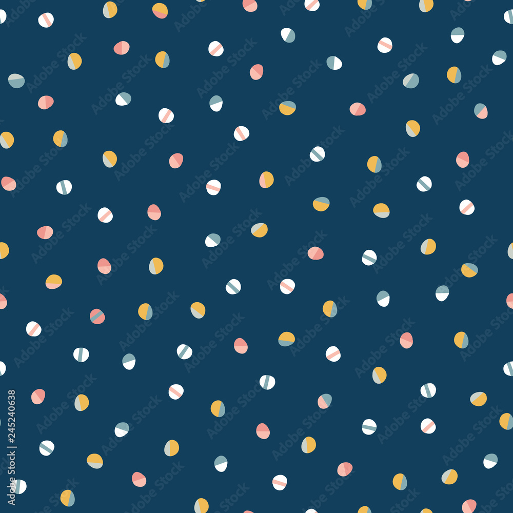 Modern hand drawn polka dots seamless vector pattern. Abstract geometric background. Textured circles randomly scattered. Collage style dots blue, pink, coral, gold. For fabric, decor, paper. Modern hand drawn polka dots seamless vector pattern. Abstract geometric background. Textured circles randomly scattered. Collage style dots blue, pink, coral, gold. For fabric, decor, paper.