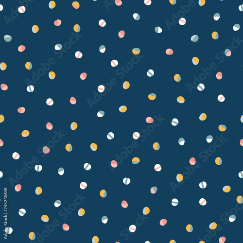 Modern hand drawn polka dots seamless vector pattern. Abstract geometric background. Textured circles randomly scattered. Collage style dots blue, pink, coral, gold. For fabric, decor, paper.