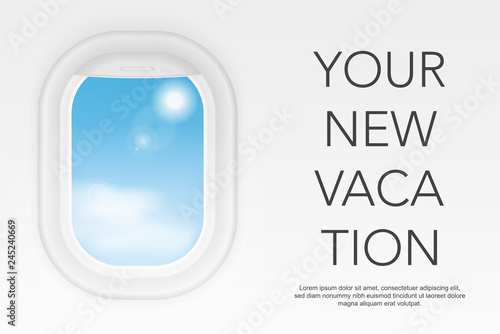 View from airplane. Aircraft flight interior window. Vacation destinations concept. Your new vacation.