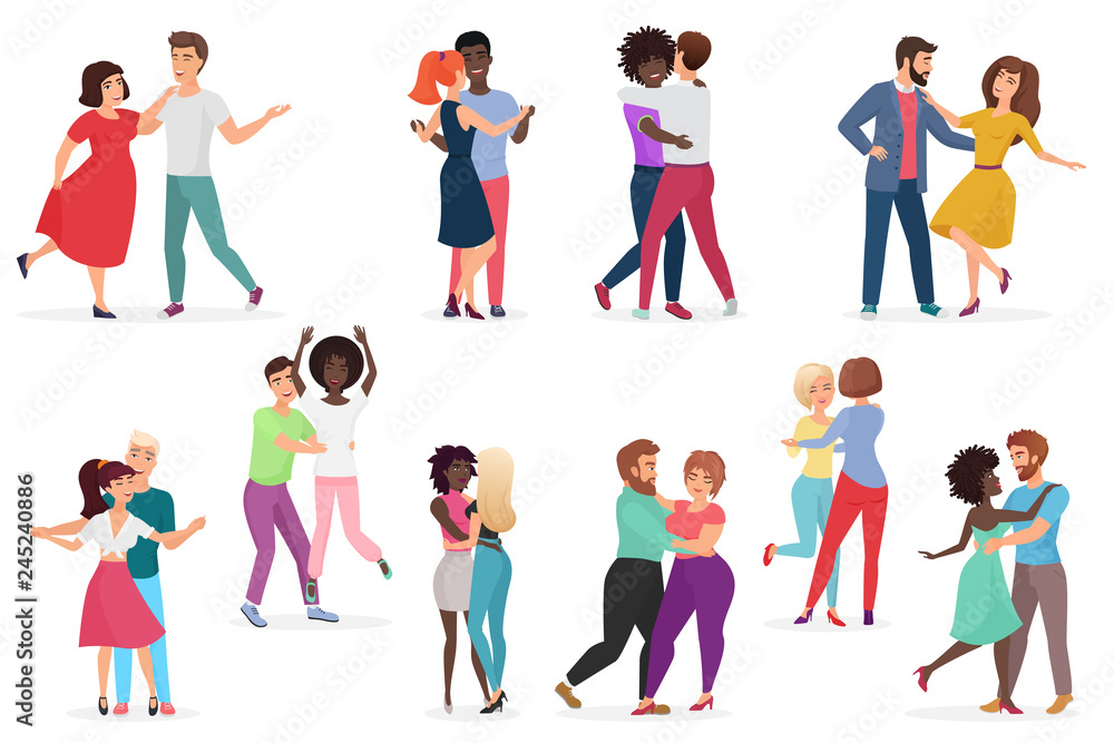 Male and female pairs of dancers. Men and women couple performing dance at school, studio. Group of young happy dancing people. People dance party vector illustration.