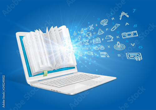 A laptop with a book showing the magic of knowledge. The concept of e-learning.