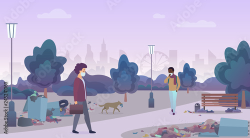 Smelling landfill waste with unhappy people in masks in disadvantaged city area street. Littering in the green nature park concept vector illustration.