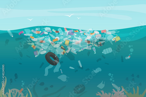 Plastic pollution trash underwater sea with different kinds of garbage - plastic bottles  bags  wastes floating in water. Sea ocean water pollution concept vector illustration.