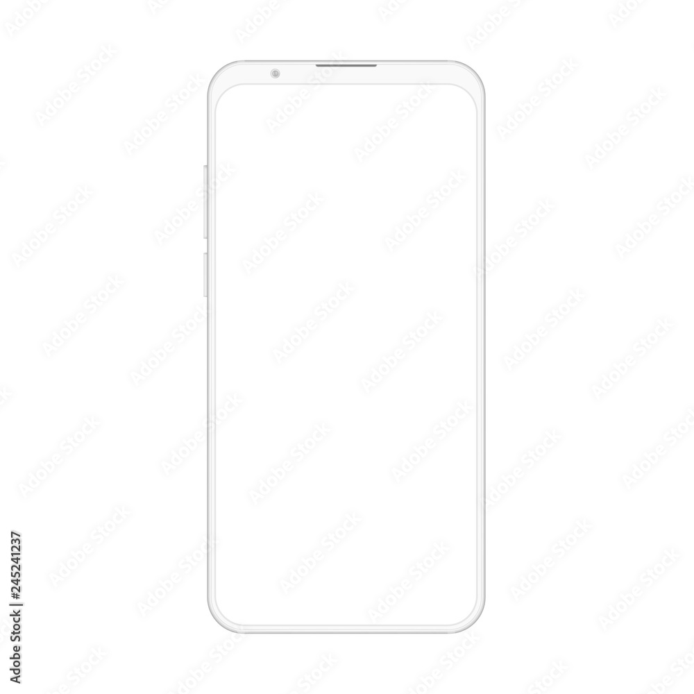 High quality realistic new version of soft clean white frameless smartphone with blank white screen. Realistic vector mockup no frame phone for visual ui, commercial app demonstration. High quality realistic new version of soft clean white frameless smartphone with blank white screen. Realistic vector mockup no frame phone for visual ui, commercial app demonstration.