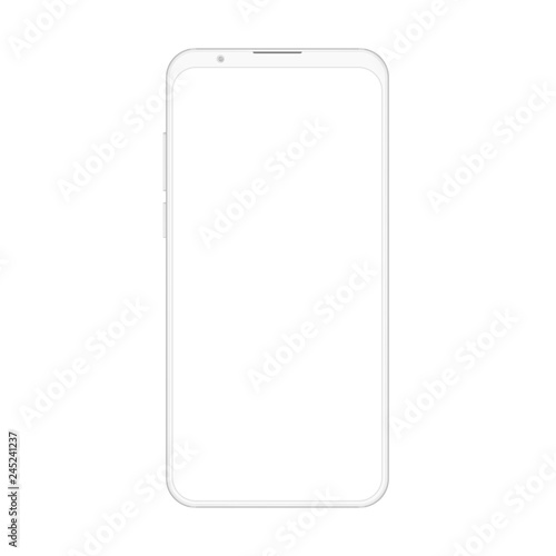 High quality realistic new version of soft clean white frameless smartphone with blank white screen. Realistic vector mockup no frame phone for visual ui, commercial app demonstration.