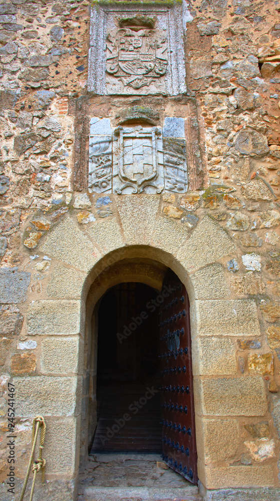 CONSUEGRA, SPAIN - NOVEMBER 22, 2018: Route of Don Quixote, interior entrance of the medieval castle of the city of Castilla La Mancha.