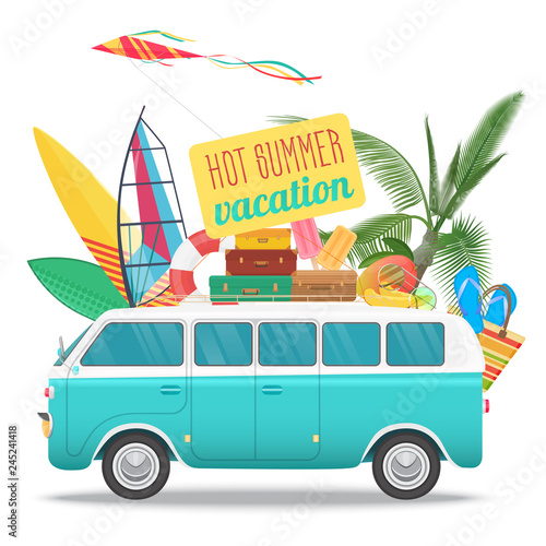 Summer travel vector illustration with vintage bus. Beach concept logo. Summer tourism, travel, trip and surfer.
