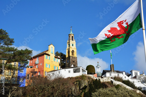 Portmeirion village in North Wales with the Welsh flag flying