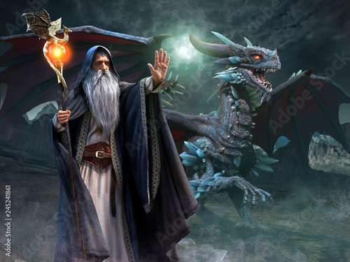 Dekoracja na wymiar  wizard-and-dragon-scene-3d-illustration