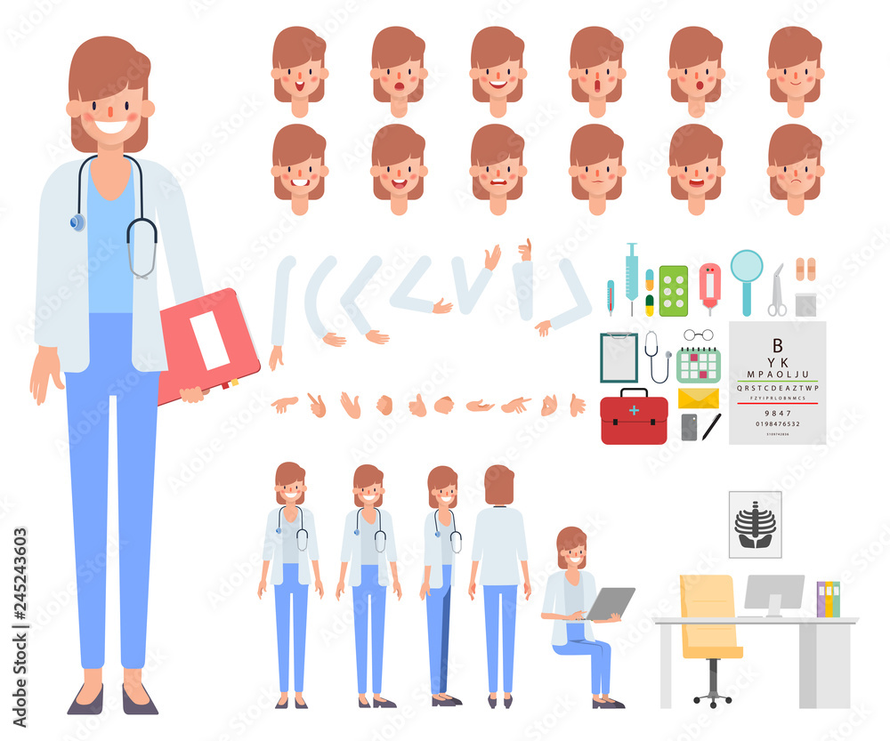 Doctor woman character creation for animation. Ready for animated face emotion and mouth. Doctor woman character creation for animation. Ready for animated face emotion and mouth.