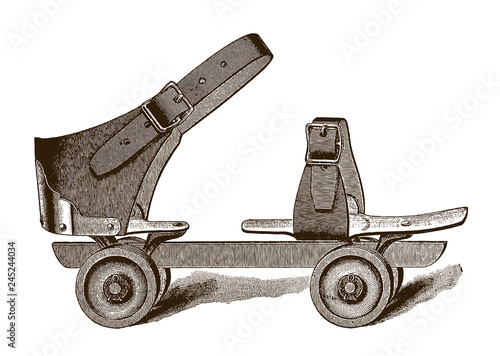 Antique sidewalk roller skate after engraving or etching from the 19th century