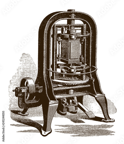 Historical machine for rolling seams of cans after an etching or engraving from the 19th century
