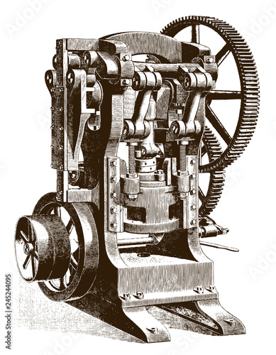 Historical press or drop hammer machine after an engraving or etching from the 19th century