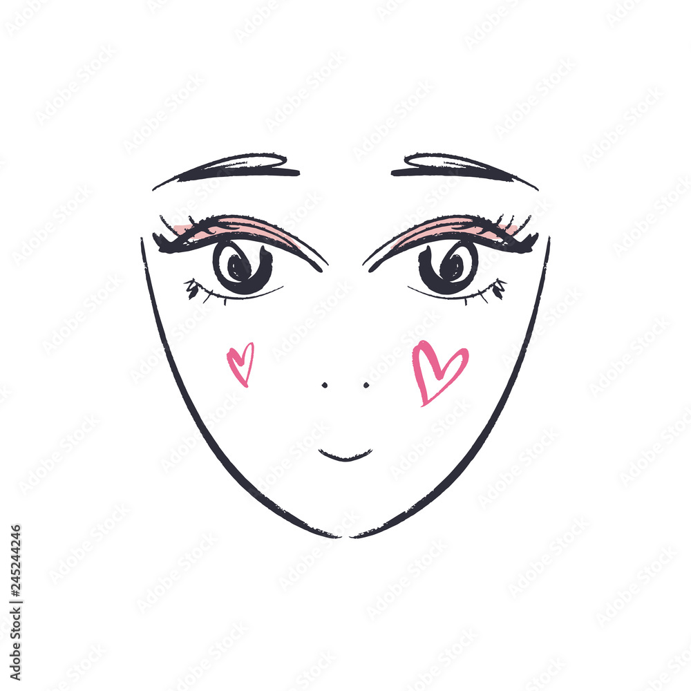 Anime or manga kawaii face hand drawn brush sketch. EPS illustration Anime or manga kawaii face hand drawn brush sketch. EPS illustration