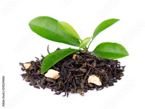 Black and green Ceylon tea with apple and bergamot, isolated on white background.