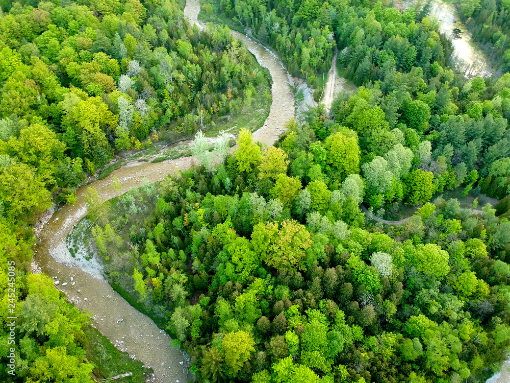 Aerial view of resort river in Conservation, spring summer scenery. Canada.