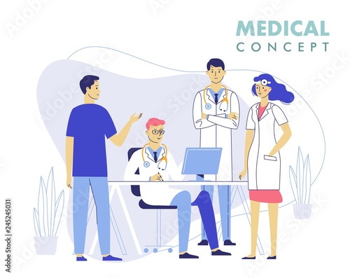 Medicine teamwork concept with doctors in consulting process. Practitioner doctors young man and woman in hospital medical office. Consultation and diagnosis.