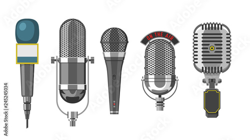 Microphone audio vector dictaphone and microphones for podcast broadcast or music record technology set of broadcasting concert equipment illustration isolated on white background
