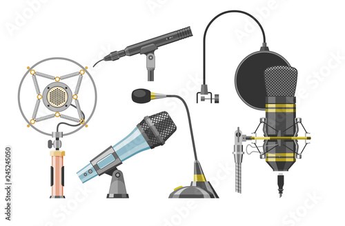 Microphone audio vector dictaphone and microphones for podcast broadcast or music record technology set of broadcasting concert equipment illustration isolated on white background