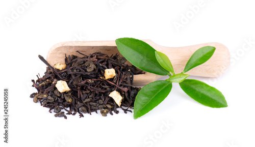Black and green Ceylon tea with apple and bergamot, isolated on white background.