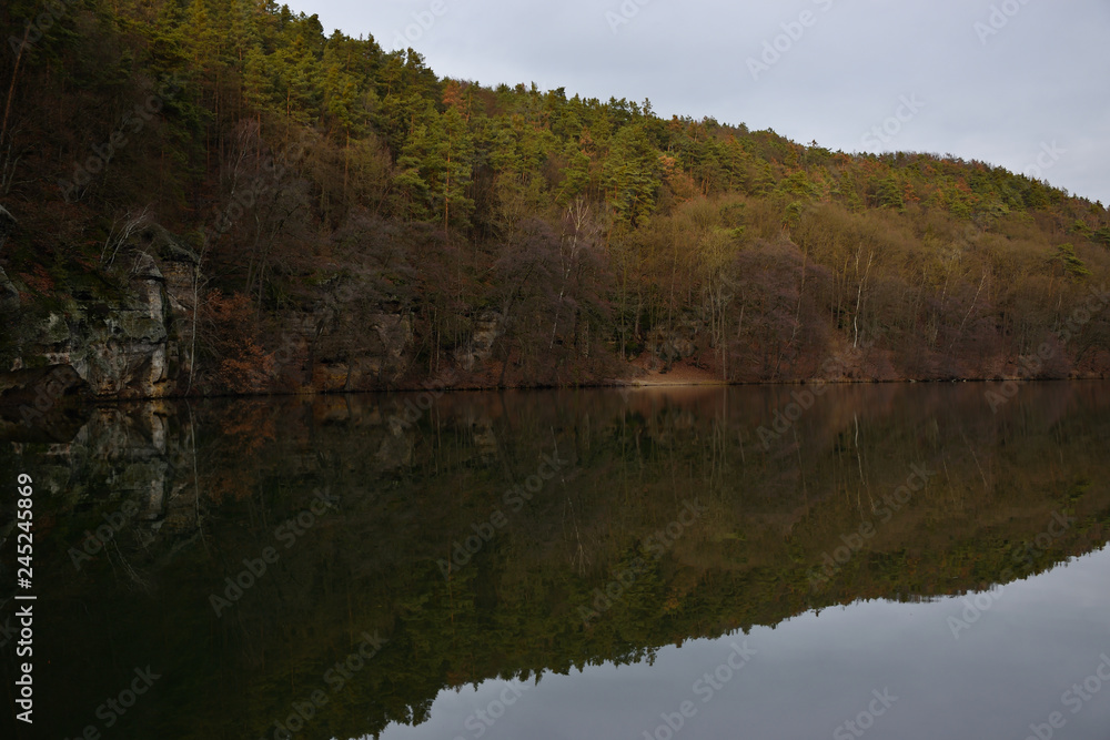 Harasov lake in winter without snow on 16th january in czech republic