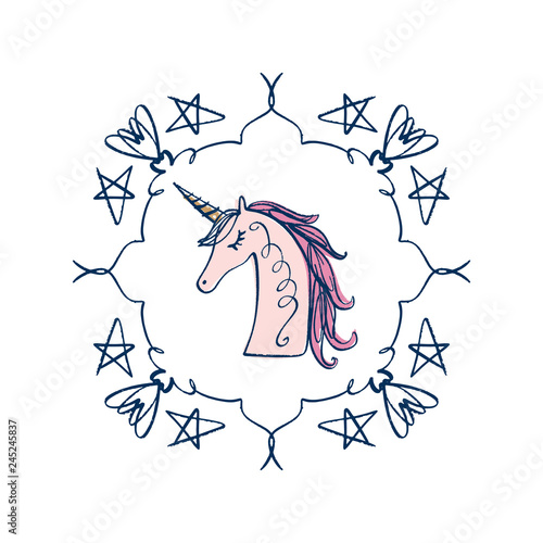 Unicorn postcard, crown drawing. Textile graphic print for t-shirt and other. Pony illustration