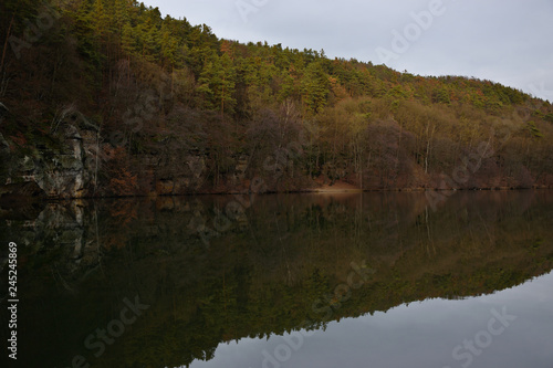 Harasov lake in winter without snow on 16th january in czech republic
