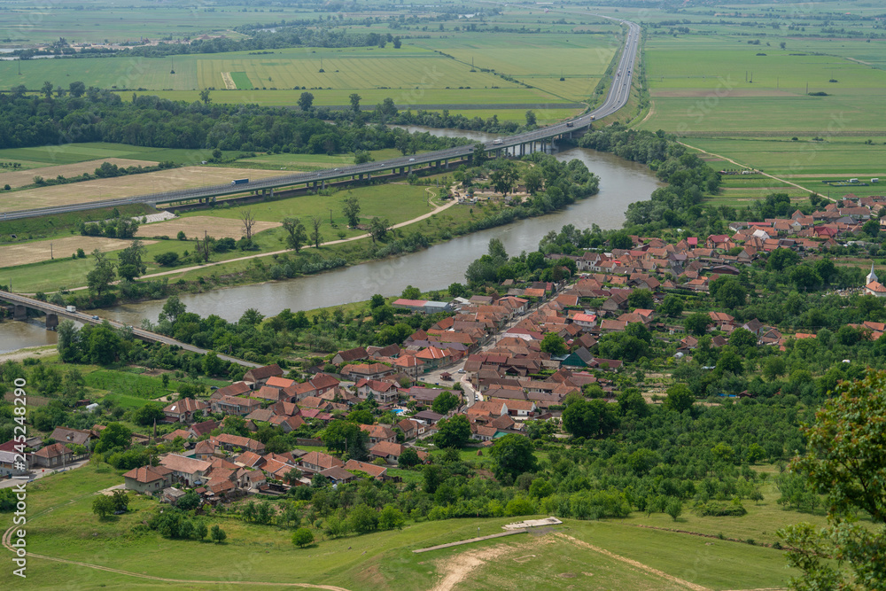 Aerial view of Uroi town near Mures river Aerial view of Uroi town near Mures river
