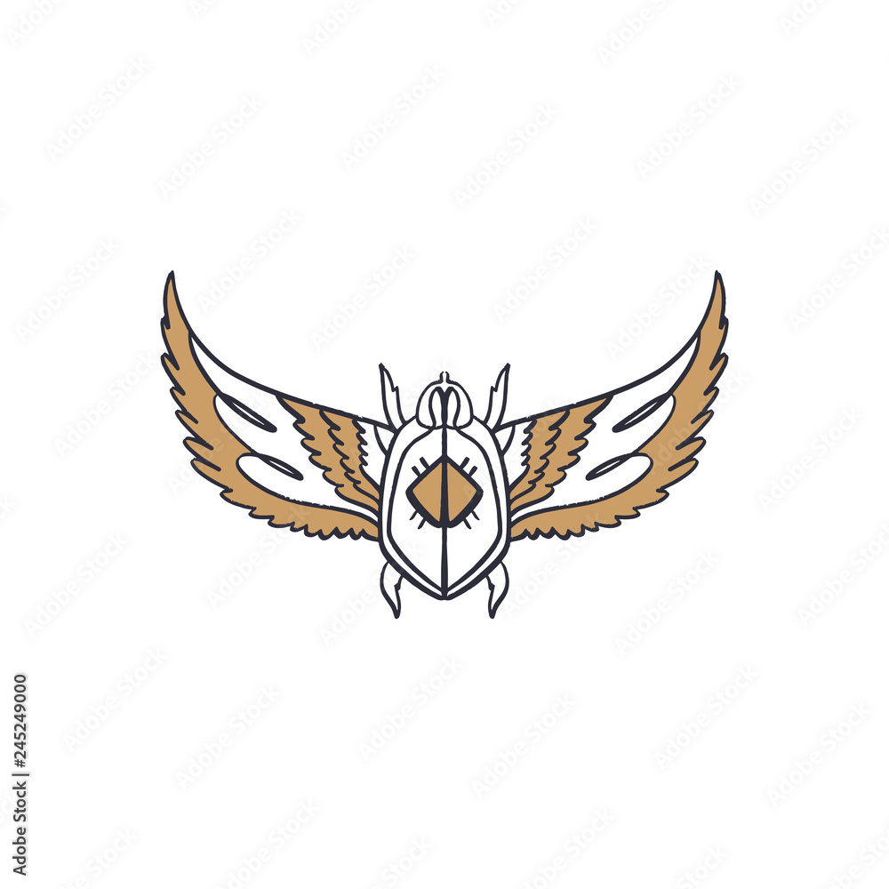 Naklejka Ancient Egypt symbol, beetle icon. Element, outline image, line art insect. Pattern flash tattoo