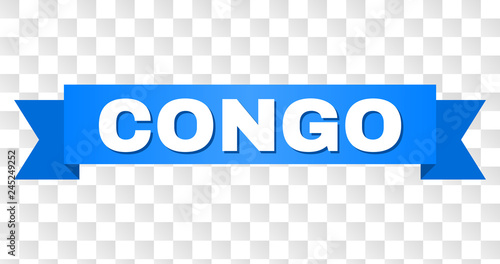 CONGO text on a ribbon. Designed with white caption and blue tape. Vector banner with CONGO tag on a transparent background.