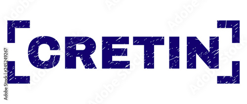 CRETIN title seal print with grunge style. Text title is placed inside corners. Blue vector rubber print of CRETIN with retro texture.