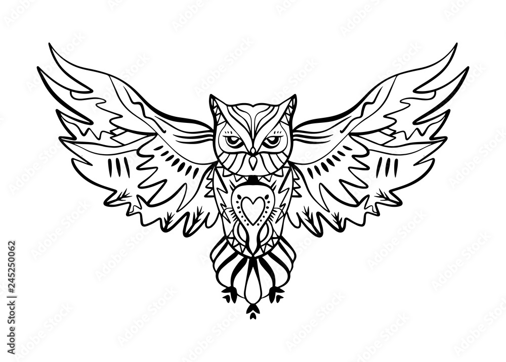 Owl tattoo outline. Boho tribal style. Line ethnic ornaments. Poster, spiritual art, symbol of wisdom. Antistress art Owl tattoo outline. Boho tribal style. Line ethnic ornaments. Poster, spiritual art, symbol of wisdom. Antistress art