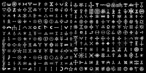 Photo Large set of alchemical symbols on the theme of old manuscript with occult lyrics alphabet and symbols