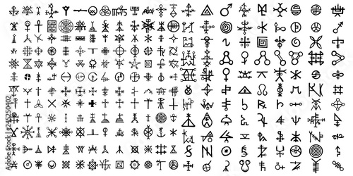 Big set of esoteric symbol design elements. Imaginary handwritten alchemy signs, space, spirituality, inspired by mysticism, freemasonry, astrology. Vector . photo