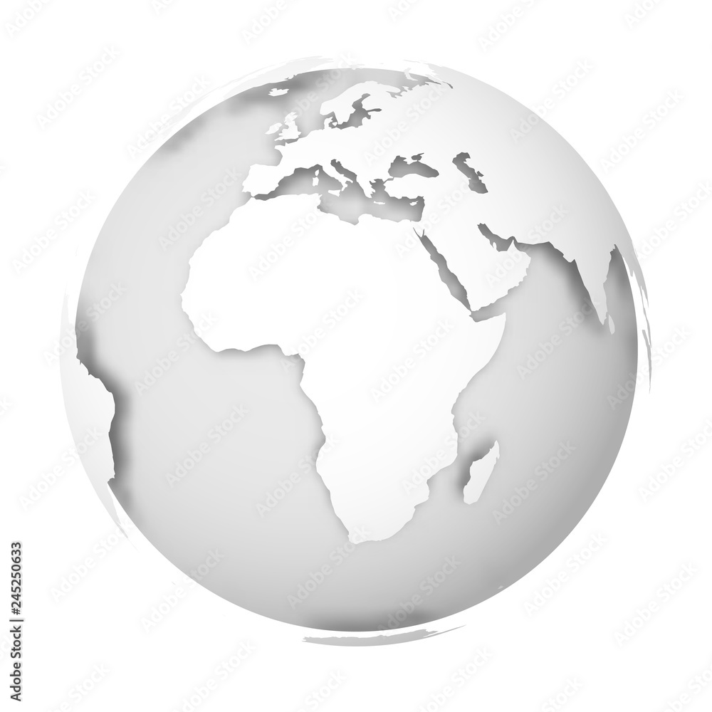 Earth globe. 3D world map with white lands dropping shadows on light grey seas and oceans. Vector illustration