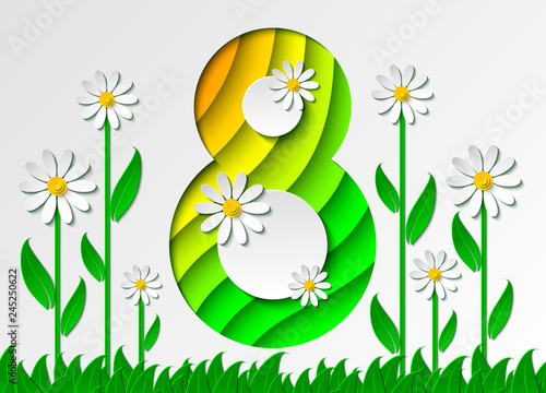 8 march international women`s day floral greeting card with 3d chamomiles. Paper art design. Vector illustration